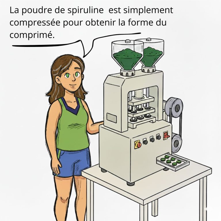 spiruline comprime Femme à côté d'une machine compressant de la poudre de spiruline.